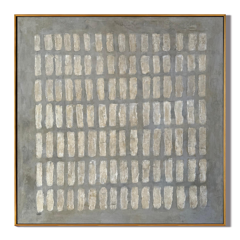 Stone Echo – Wabi-Sabi Slate Grey Minimalist Grid Painting | Modern Geometric Textured Hallway Art