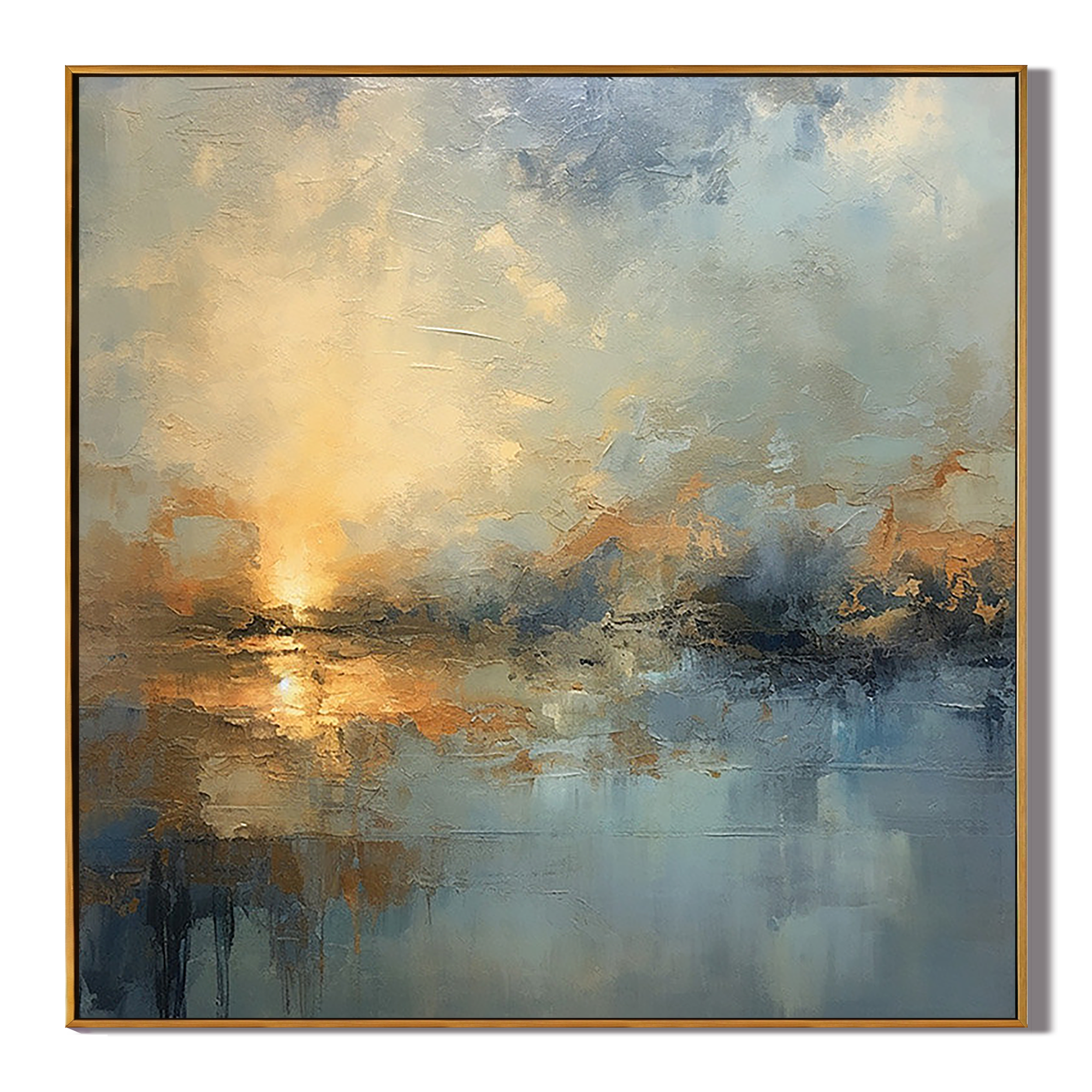 SUNRISE REFLECTION: Square 3D Heavy Texture Seascape Wall Art, Modern Abstract Sunset Impasto