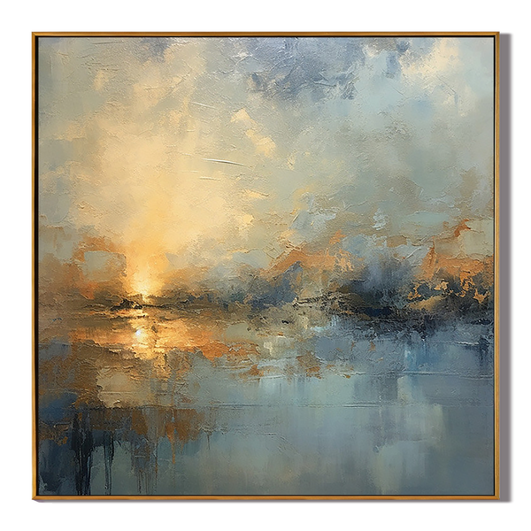 Dawn of Serenity – Modern Impressionist Blue & Gold Painting | Abstract Landscape Dining Room Art
