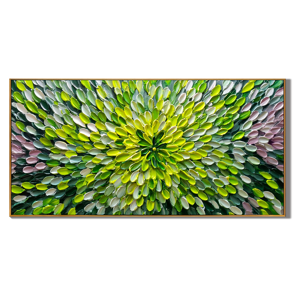 Eternal Bloom – Modern Impasto Abstract Floral Oil Painting | Textured Green Radiance Living Room Art