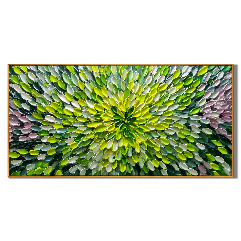 Eternal Bloom – Modern Impasto Abstract Floral Oil Painting | Textured Green Radiance Living Room Art