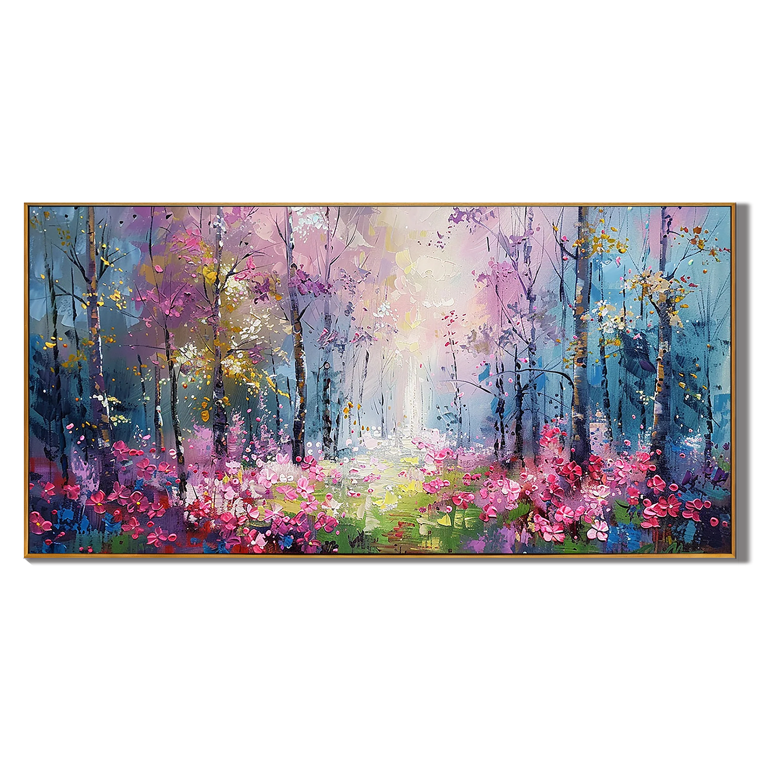 ENCHANTED GROVE: Landscape Art, Hand-Painted Horizontal Purple and Pink Mystic Forest 3D Heavy Texture Canvas Painting
