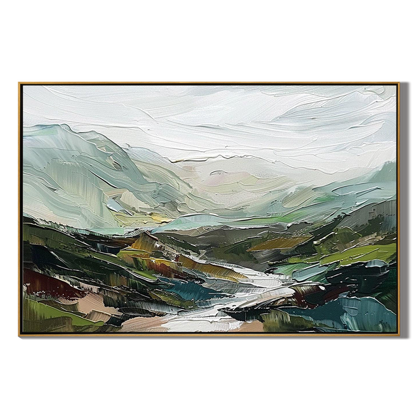 Emerald Valley – Hand-Painted Green Mountain and River Valley Palette Knife Oil Landscape Painting | Contemporary Mountain Living Room & Home Office Art