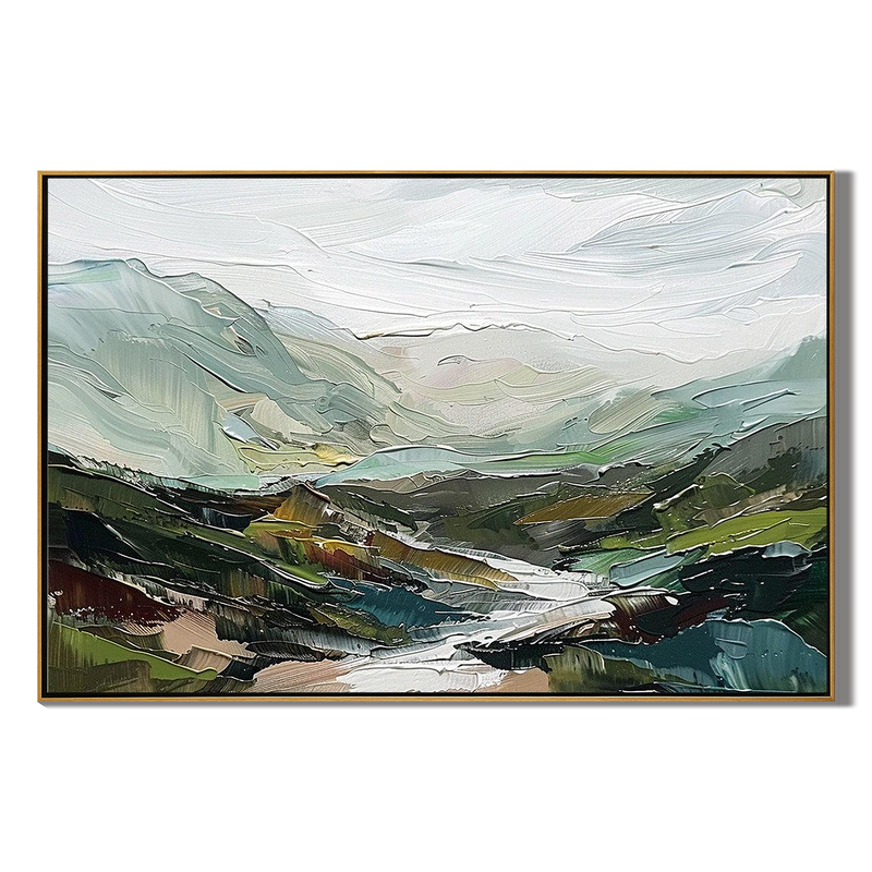 Emerald Valley – Hand-Painted Green Mountain and River Valley Palette Knife Oil Landscape Painting | Contemporary Mountain Living Room & Home Office Art