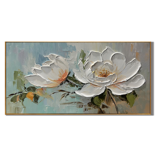 Magnolia Calm – Modern French Luxury Magnolia Floral Textured Painting | Large Horizontal Bedroom Art