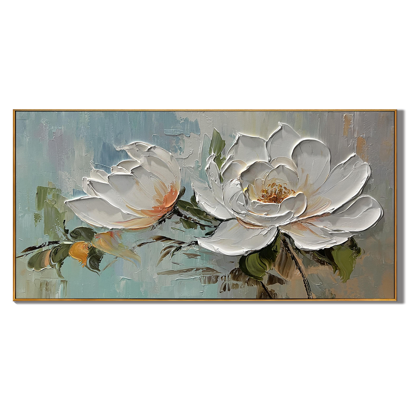 Magnolia Calm – Modern French Luxury Magnolia Floral Textured Painting | Large Horizontal Bedroom Art