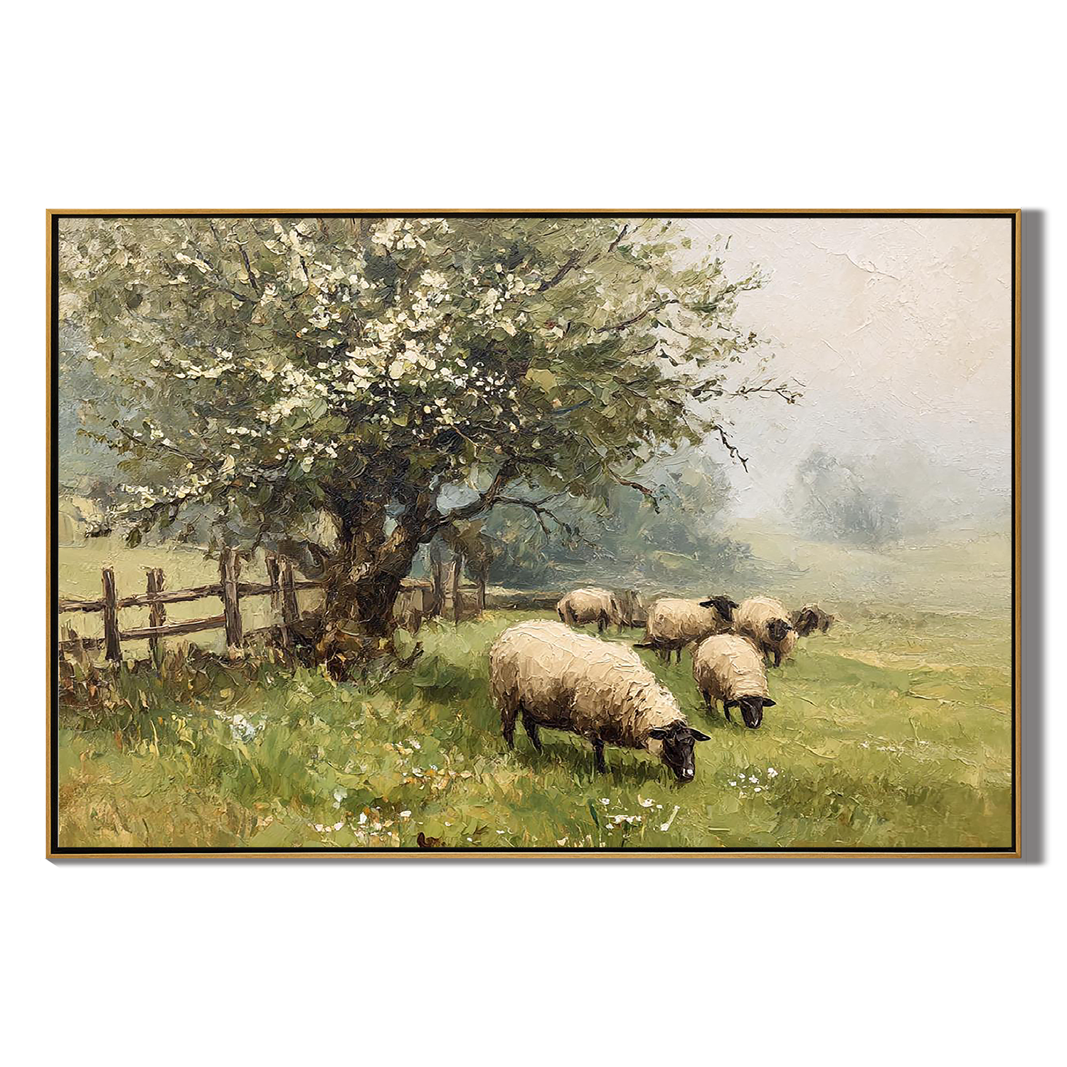 PASTORAL PEACE: Rustic Sheep Landscape Wall Art, Hand-Painted Farmhouse Animal Painting