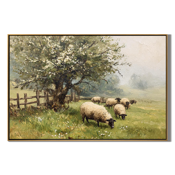 Pastoral Peace – Hand-Painted Farmhouse Animal Landscape Painting | Contemporary Landscape Living Room & Dining Room Art
