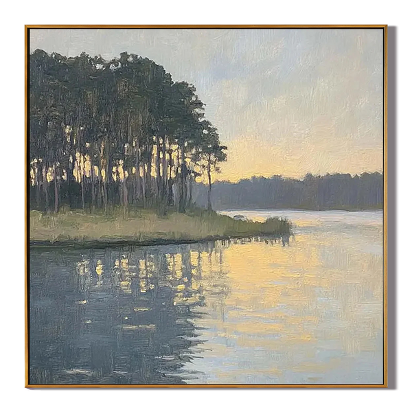 Shattered Gold in the Pines – Impressionist Lakeside Sunset Oil Painting | Serene Landscape Hallway Art