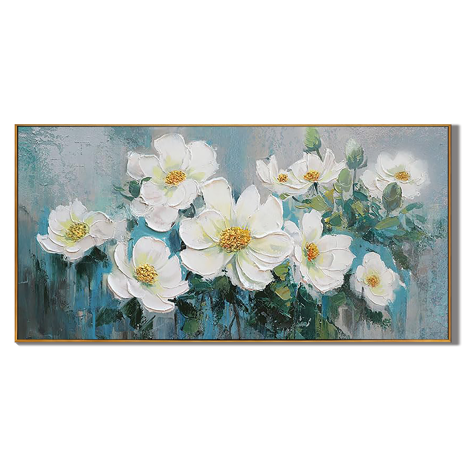 AQUAMARINE BLOOM: Panoramic 3D Heavy Texture Floral Wall Art, White Flower Relief Painting