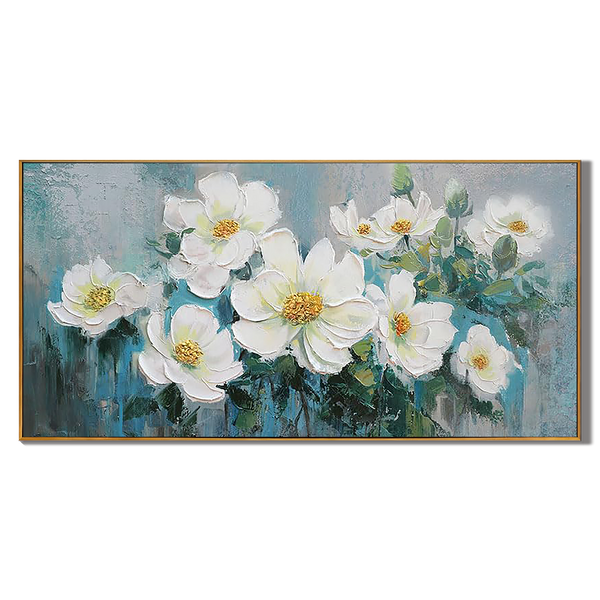 Aquamarine Bloom – Heavy Textured White Magnolia Painting | Elegant Teal & Gray Floral Bedroom Art