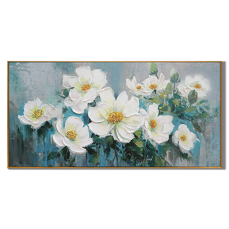Aquamarine Bloom – Heavy Textured White Magnolia Painting | Elegant Teal & Gray Floral Bedroom Art