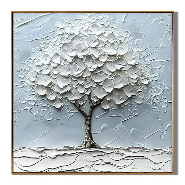 Sacred Solitude – Minimalist Heavy Impasto White Tree of Life | Wabi-Sabi Square Living Room Wall Art