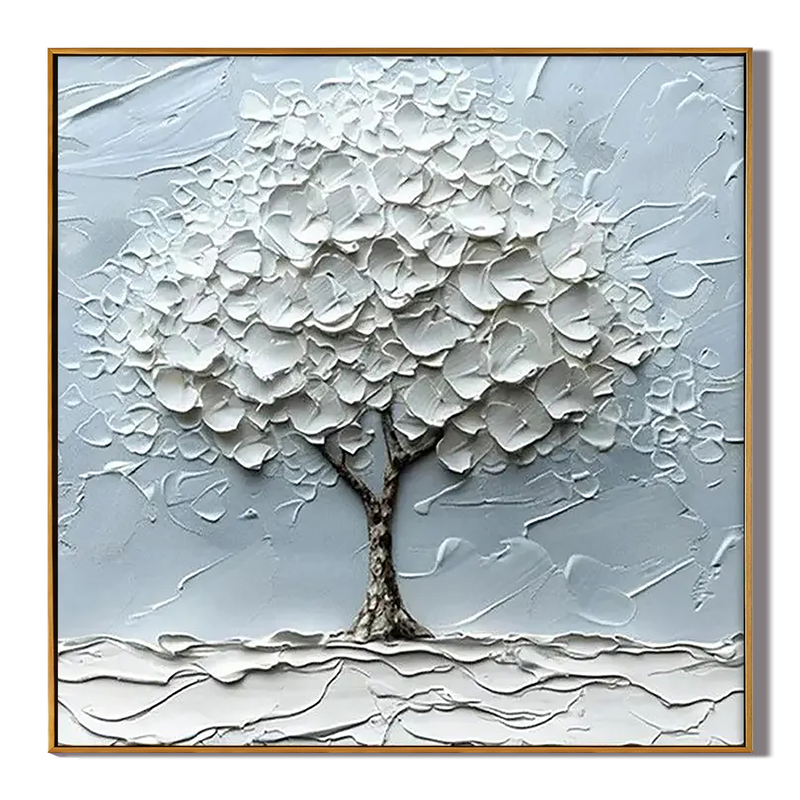 Sacred Solitude – Minimalist Heavy Impasto White Tree of Life | Wabi-Sabi Square Living Room Wall Art