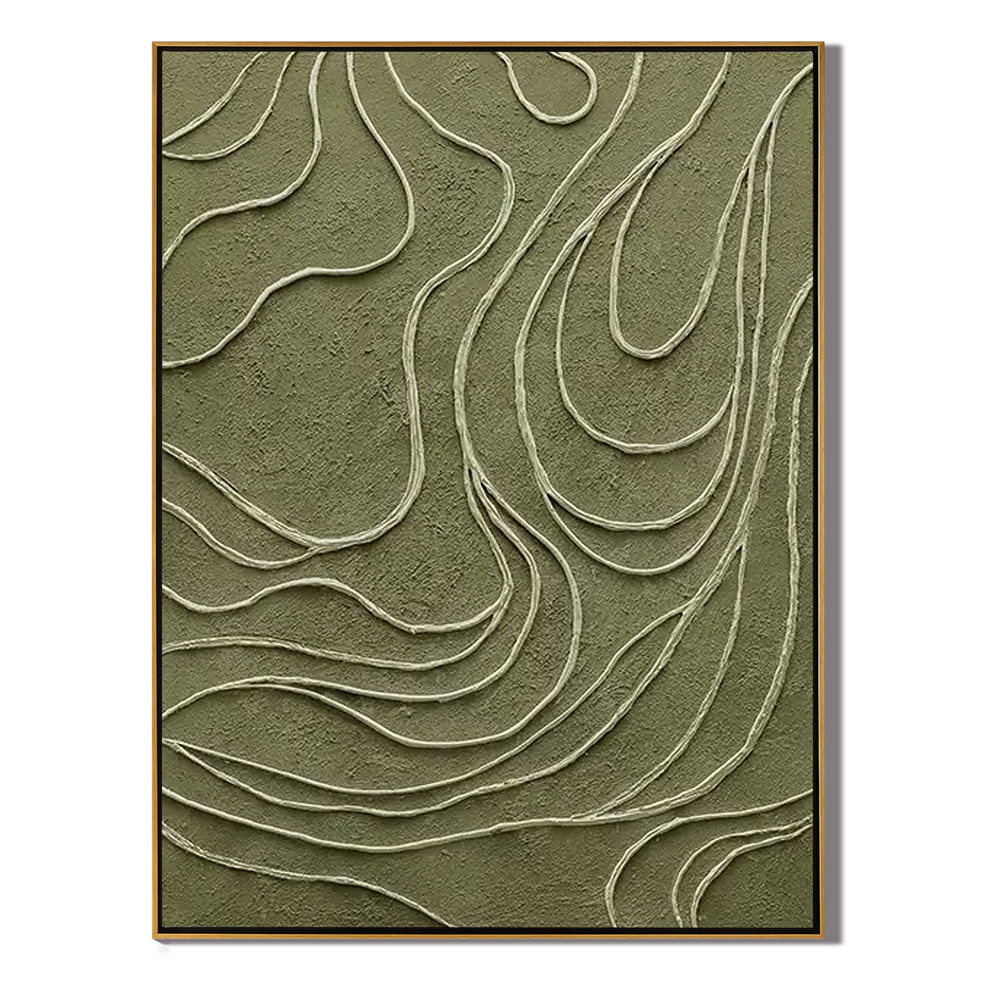 OLIVE TOPOGRAPHY: Minimalist Wall Art, Hand-Painted Sage Green 3D Line Relief Plaster Effect Textured Studio Art