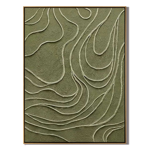 Olive Topography – Hand-Painted Sage Green 3D Line Relief Plaster Effect Minimalist Painting | Modern Minimalist Bedroom & Home Office Art