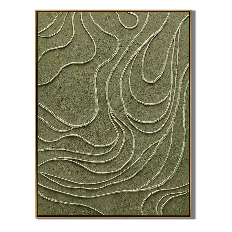 Olive Topography – Hand-Painted Sage Green 3D Line Relief Plaster Effect Minimalist Painting | Modern Minimalist Bedroom & Home Office Art