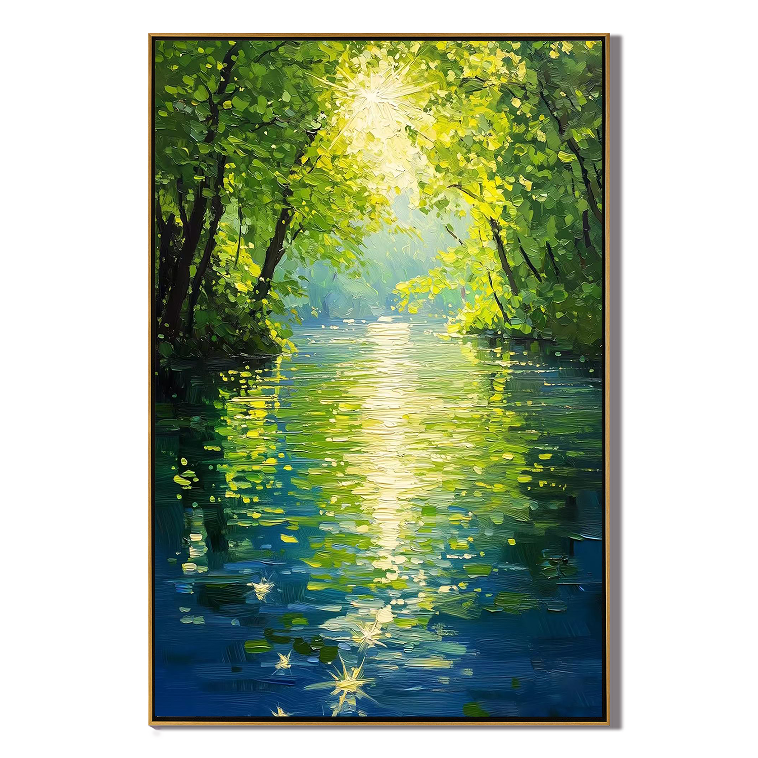 VERDANT FLOW: Landscape Wall Art, Hand-Painted Impressionist Forest River Scenery Textured Oil Painting