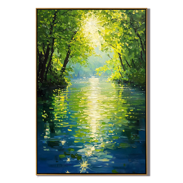 Verdant Flow – Hand-Painted Impressionist Forest River Scenery Textured Oil Landscape Painting | Contemporary Landscape Living Room & Dining Room Art