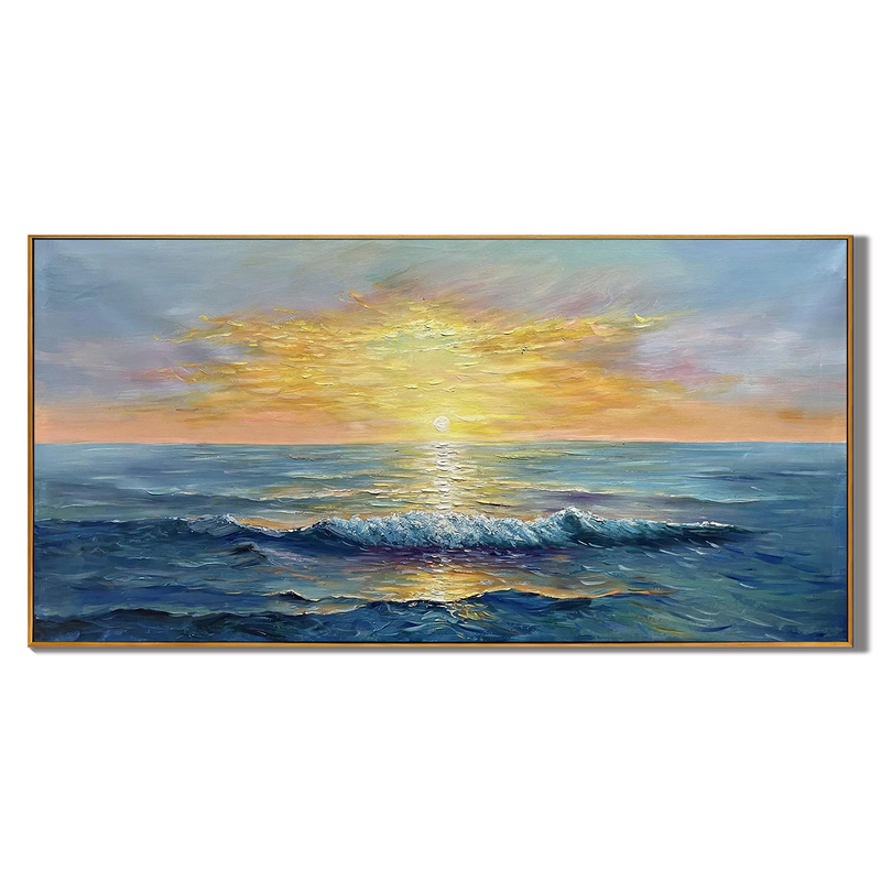 Golden Horizon – Ocean Sunset Wave Heavy Texture Hand-Painted Impressionist Seascape Painting | Coastal Modern Living Room & Bedroom Art