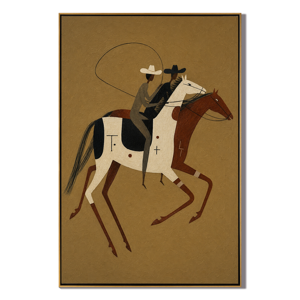 Double Riders – Vintage Americana Two Cowboys on Single Pinto Horse Painting | Folk Art Living Room Art