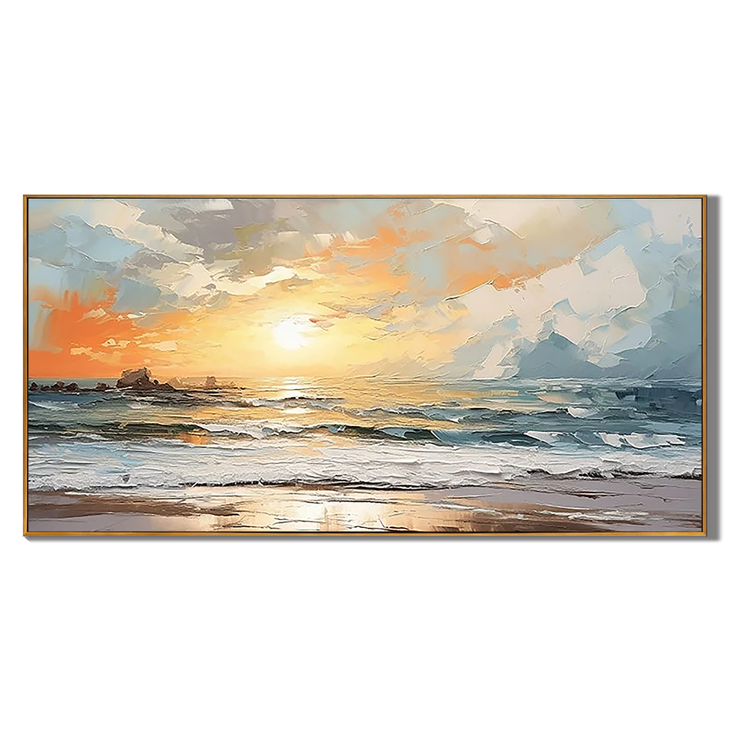 SUNSET GLOW: Ocean Wall Art, Impressionist Sea Sunset Scenery Hand-Painted Textured Landscape Oil Painting