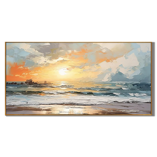 Sunset Glow – Impressionist Sea Sunset Scenery Hand-Painted Textured Landscape Oil Ocean Painting | Coastal Modern Living Room & Bedroom Art
