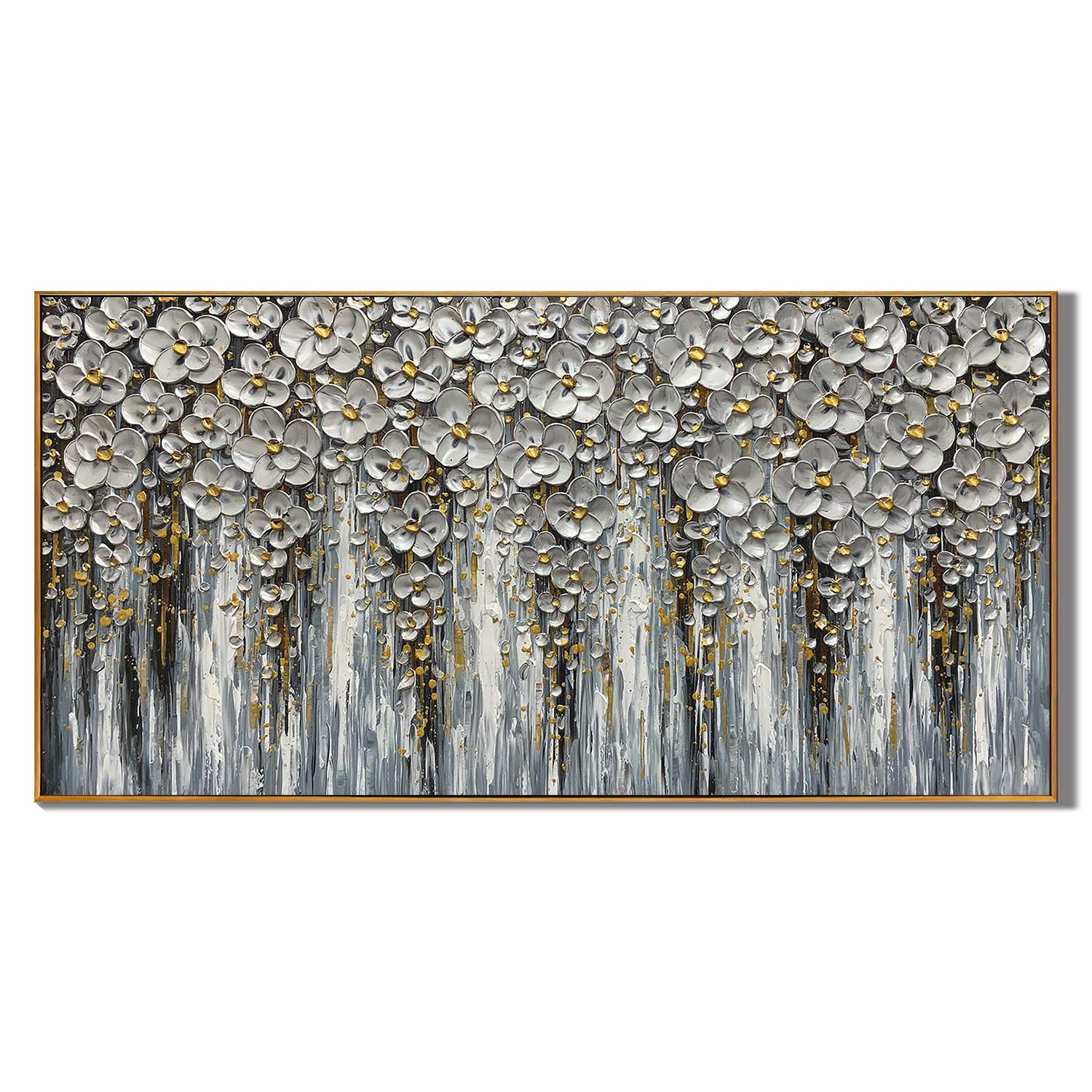 SILVER BLOOM: Panoramic 3D Heavy Texture Floral Wall Art, Luxury Blossom Relief Painting
