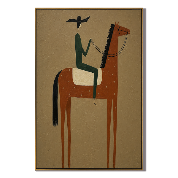Teal Rider – Vintage Americana Silhouette Cowboy on Rust Horse Painting | Contemporary Minimalist Hallway Art