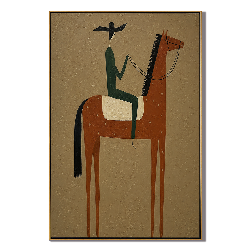 Teal Rider – Vintage Americana Silhouette Cowboy on Rust Horse Painting | Contemporary Minimalist Hallway Art