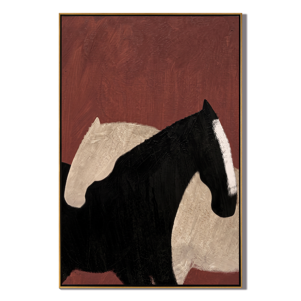 Crimson Pair – Vintage Americana Abstract Horse Duo Painting | Bold Modern Living Room Art