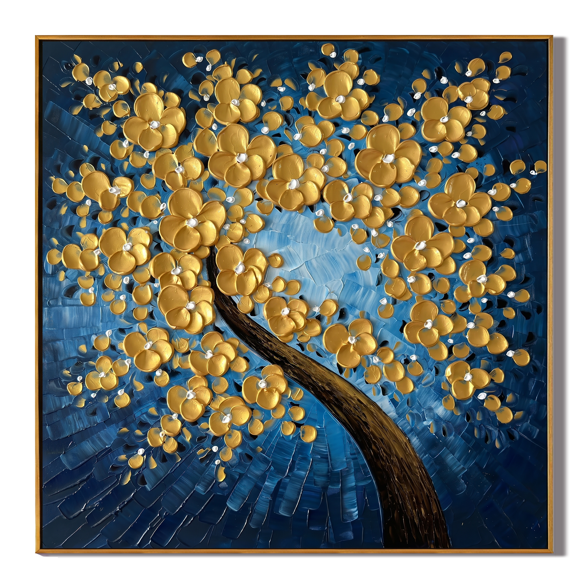 Azure Radiance – Blue & Gold Impasto Floral Tree Oil Painting | Modern Luxury Entryway Square Wall Art