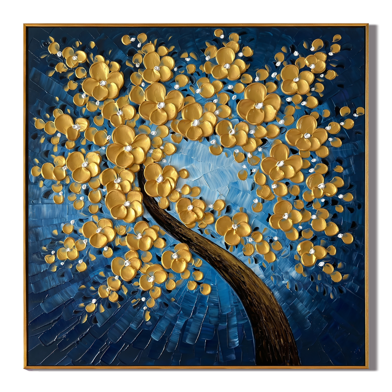 Azure Radiance – Blue & Gold Impasto Floral Tree Oil Painting | Modern Luxury Entryway Square Wall Art