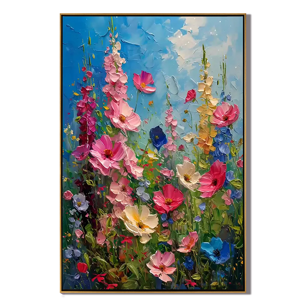 Wild Bloom – Hand-Painted Multicolored Wildflower Garden Palette Knife Floral Painting | Vibrant Botanical Living Room & Dining Room Art