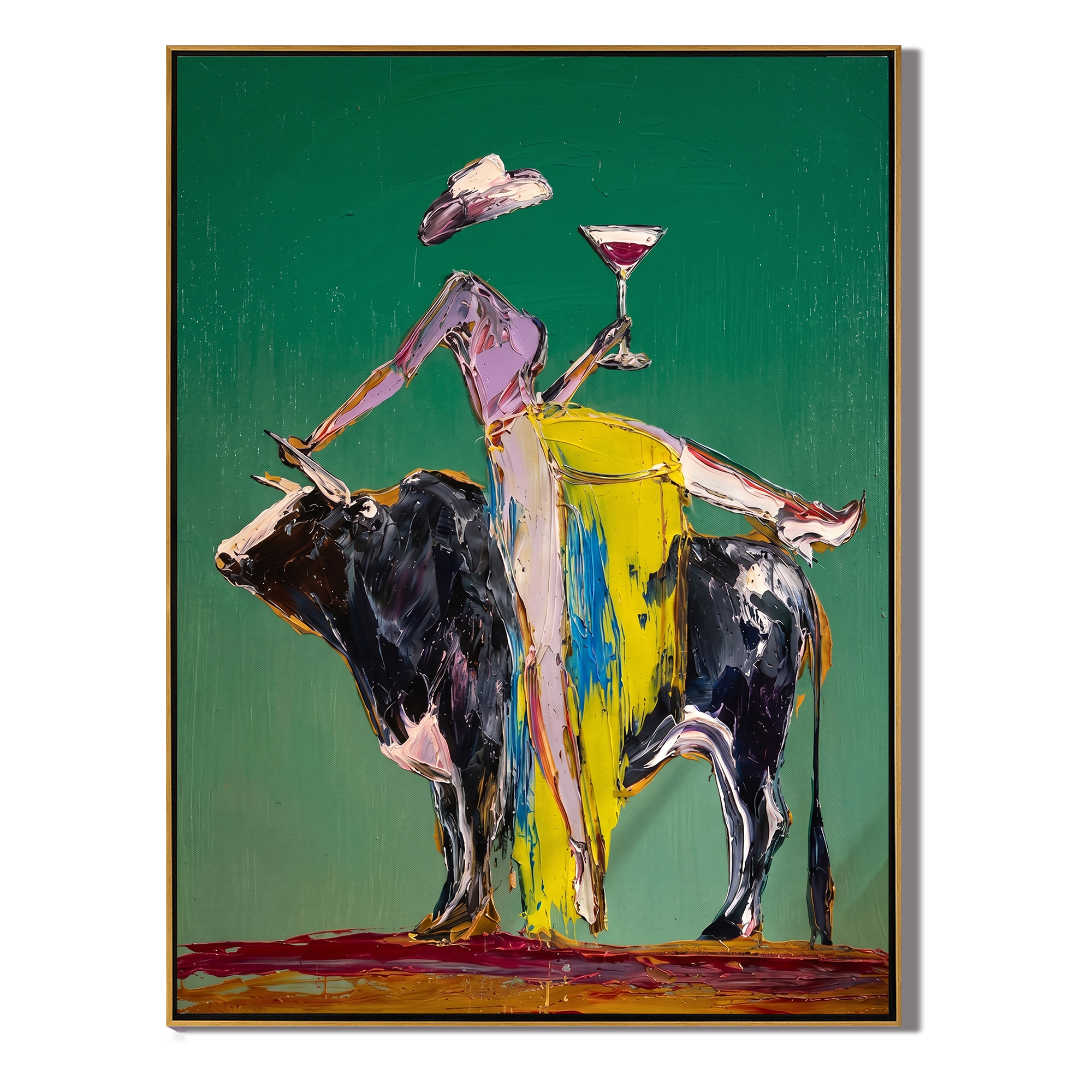 The Rodeo Toast – Vintage Americana Abstract Cowgirl & Bull Painting | Bold Western Living Room Wall Art