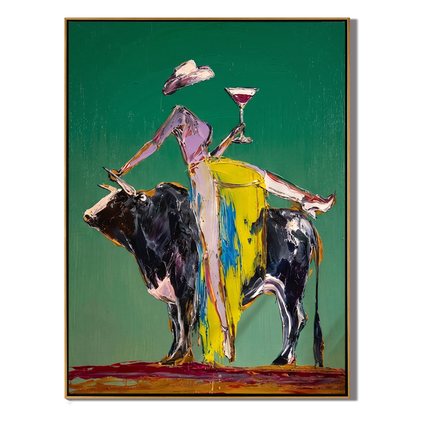 The Rodeo Toast – Vintage Americana Abstract Cowgirl & Bull Painting | Bold Western Living Room Wall Art