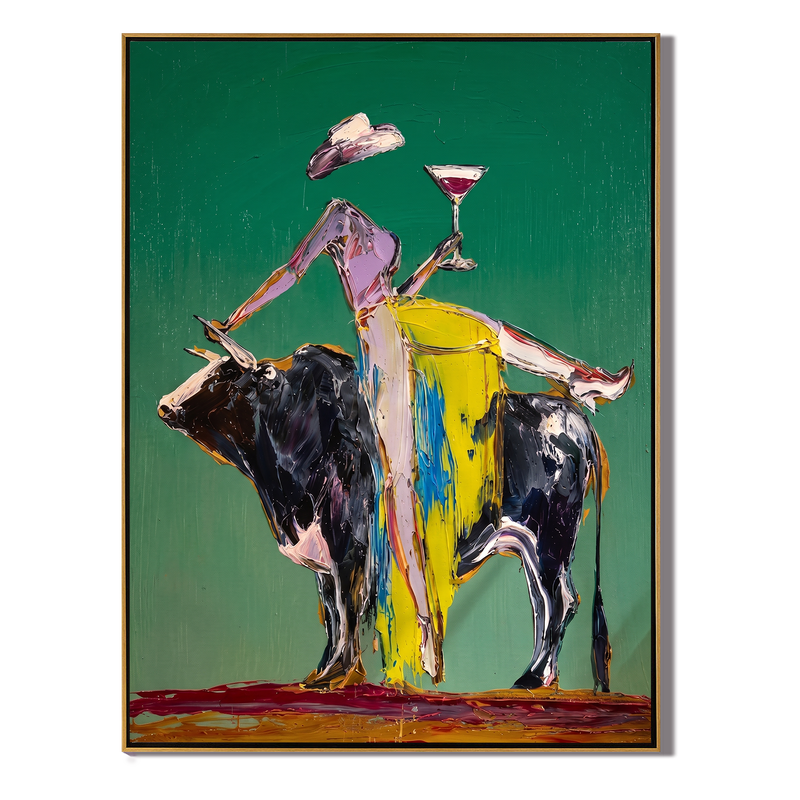 The Rodeo Toast – Vintage Americana Abstract Cowgirl & Bull Painting | Bold Western Living Room Wall Art