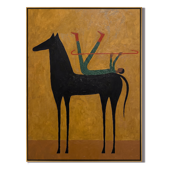 The Gold Acrobat – Vintage Americana Surreal Rider on Black Horse Painting | Bold Modern Living Room Art