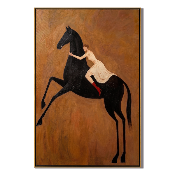 The Wild Embrace – Modern Romanticism Black Horse & Girl Painting | Rustic Caramel Home Office Art