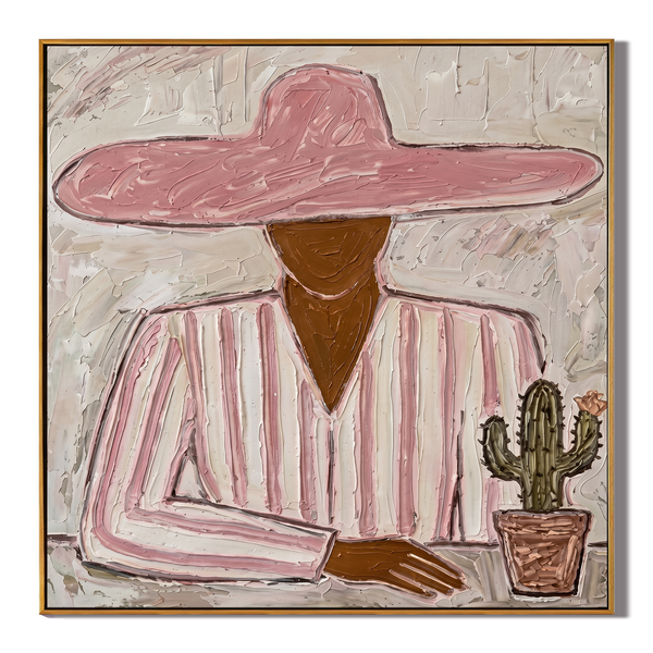 Pink Hat & Cactus – Vintage Americana Woman in Desert Portrait Painting | Colorful Boho Living Room Art