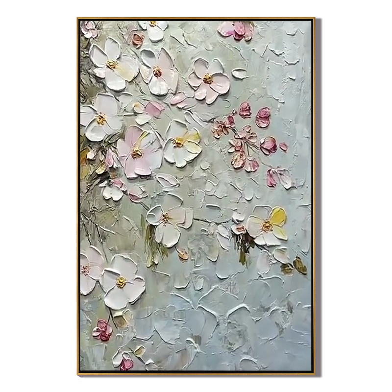 Silver Petals – Hand-Painted Grey and Soft Pink Cherry Blossom 3D Relief Plaster Floral Painting | Contemporary Botanical Bedroom & Living Room Art