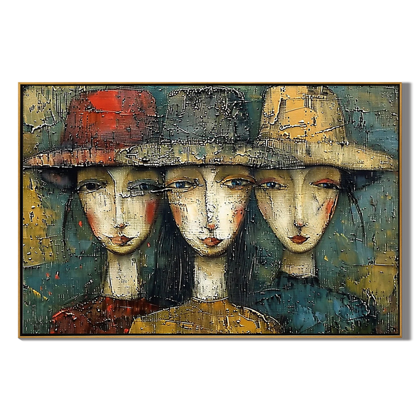 Sisterhood Chic – Hand-Painted Abstract Women with Hats Expressionist Portrait Painting | Contemporary Expressionist Living Room & Office Art