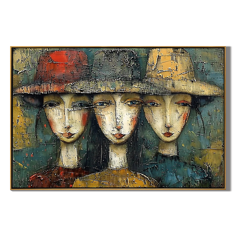 Sisterhood Chic – Hand-Painted Abstract Women with Hats Expressionist Portrait Painting | Contemporary Expressionist Living Room & Office Art