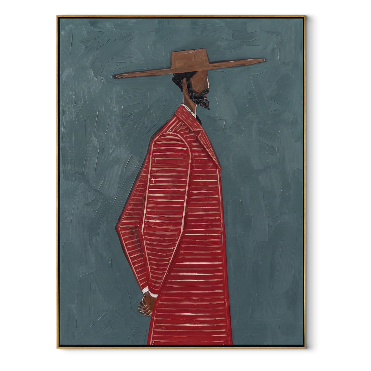 Red Stripes Cross Blue Silence – Red Striped Side-Profile Figure Painting | Mid-Century Modern Vertical Wall Art