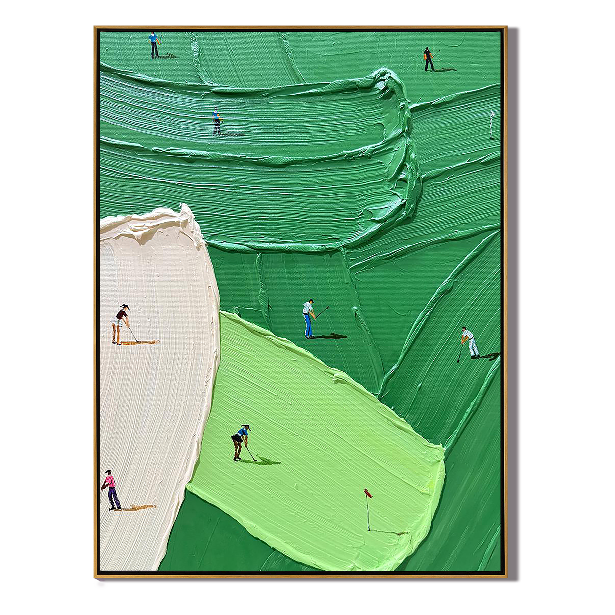 PUTTING GREEN: Sport Wall Art, Hand-Painted Vibrant Green Grass Texture Golfers 3D Impasto Gallery Art