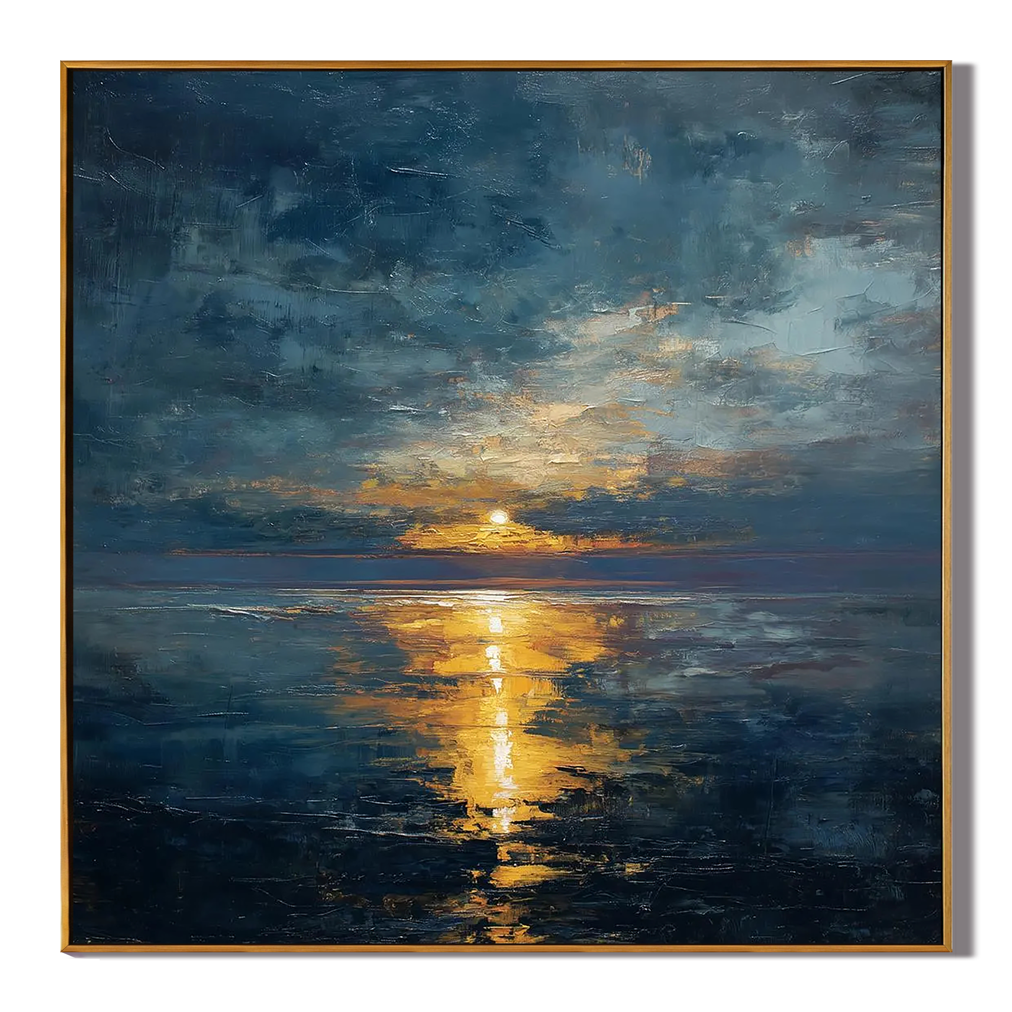 ETERNAL SHORE: Modern Square 3D Heavy Texture Seascape Wall Art, Moody Cloud & Golden Sun Impasto