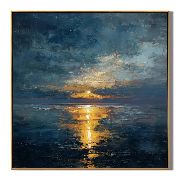 Eternal Shore – Moody Cloud & Golden Sun Impasto Texture Painting | Modern Luxury Metallic Living Room & Hotel Art