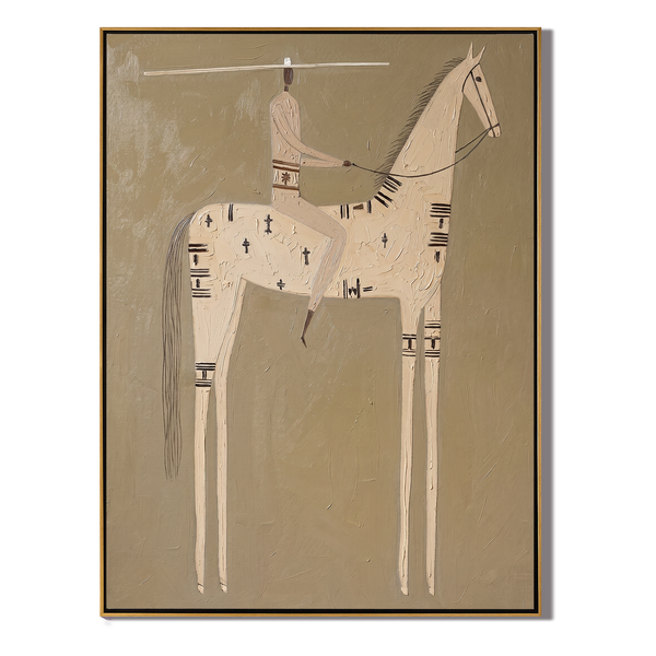 Sacred Pale – Vintage Americana Rider on White Symbol-Horse Painting | Minimalist Hallway Art
