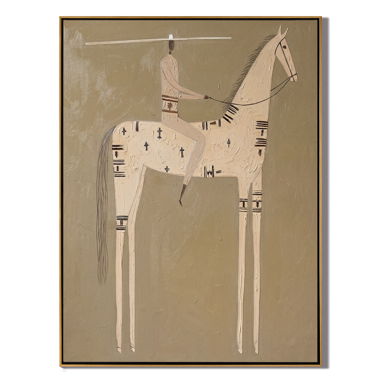Sacred Pale – Vintage Americana Rider on White Symbol-Horse Painting | Minimalist Hallway Art