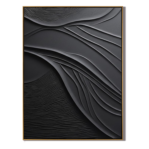 Shadow Curvature – Hand-Painted All-Black Minimalist Fluid Wave Plaster Relief Texture Painting | Bold Minimalist Bedroom & Home Office Art